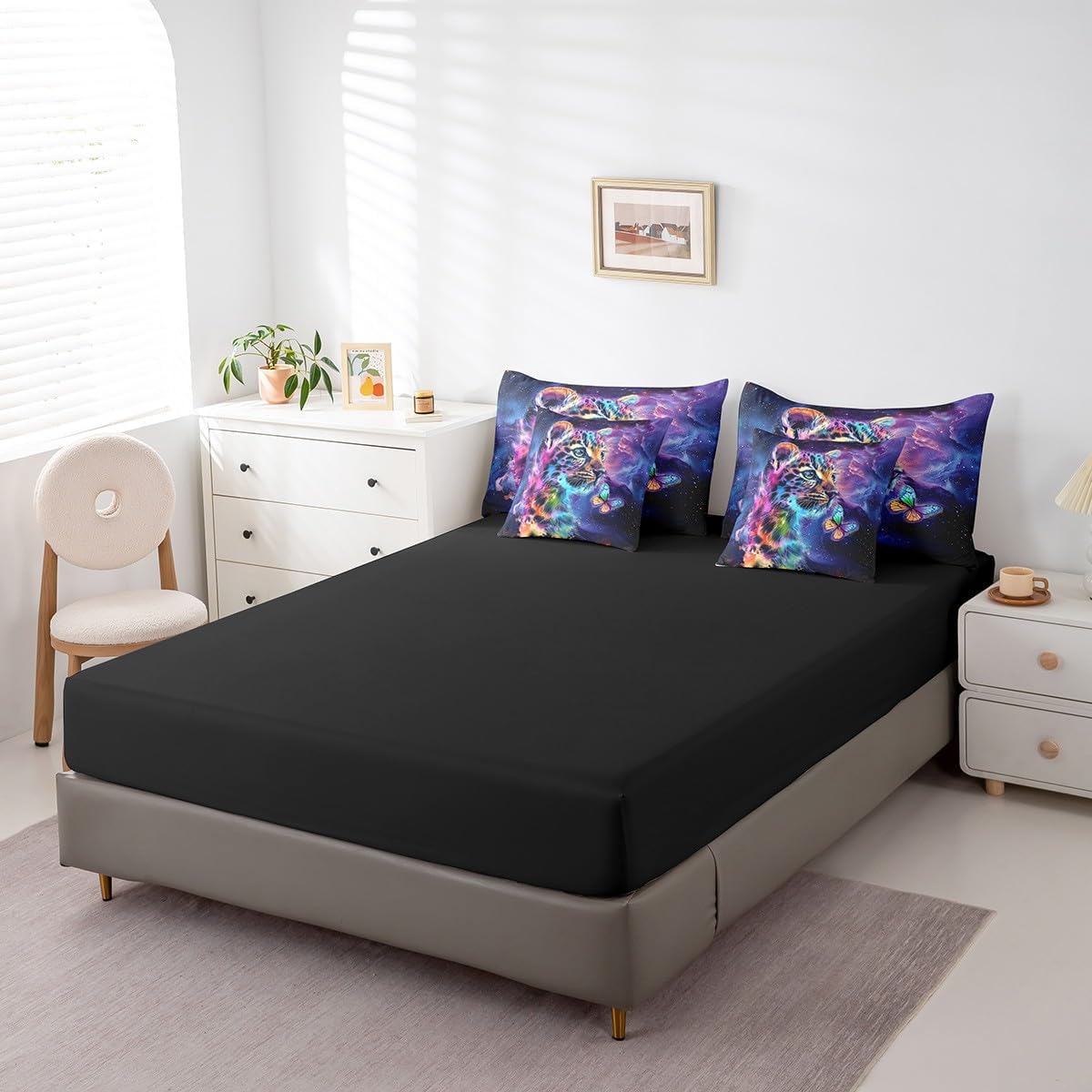 Leopard Cheetah Print King Comforter Set 7-Piece Woodland Wildlife Bedding Comforter Sets Cartoon Animal Bed in a Bag Kids Children Mystic Galaxy Nebula Bedding Set Rainbow Butterfly Bed Sheets Set
