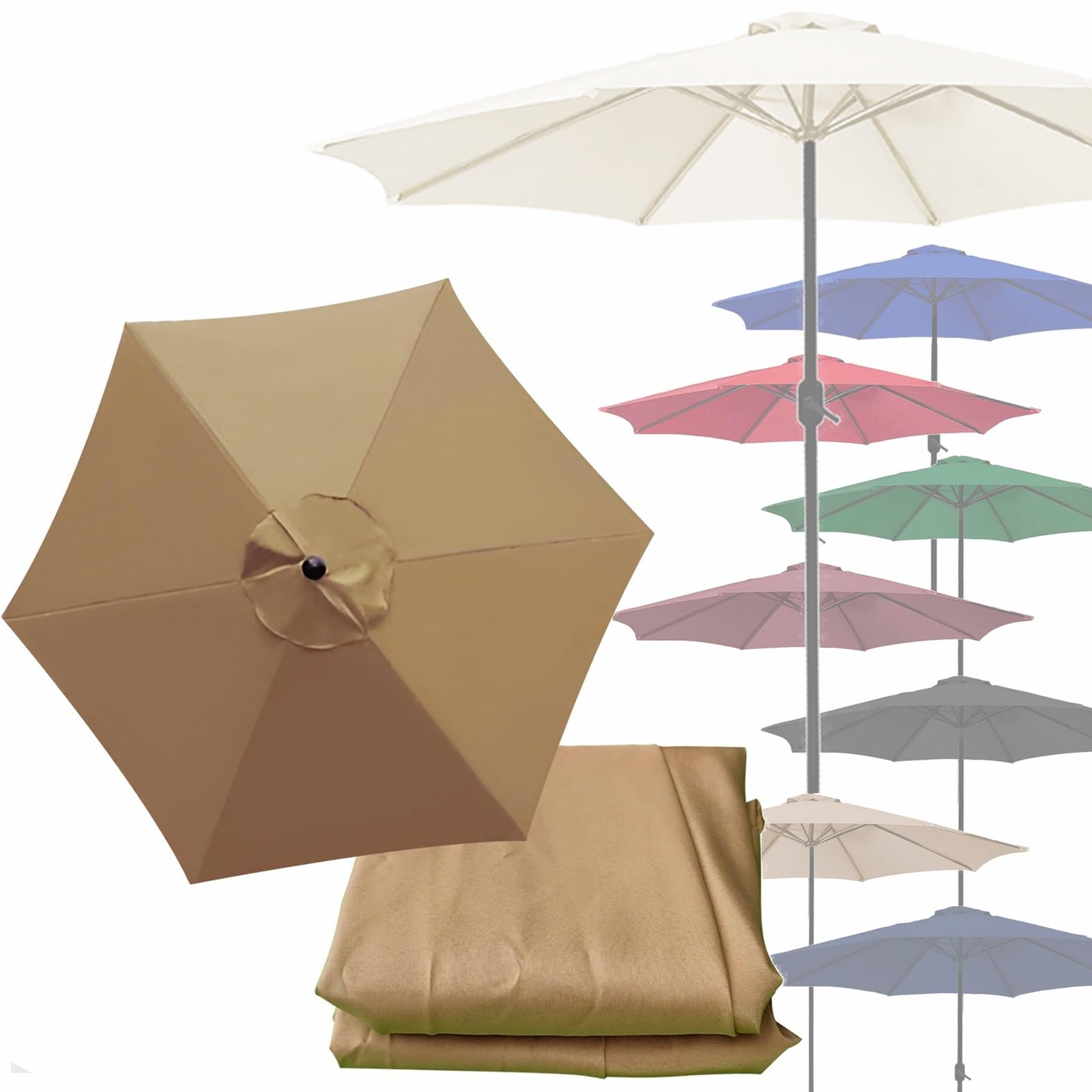 LTSRLL Garden Parasol Canopy Cloth For 2M 2.7M 3.0M Standard & Cantilever Parasols｜Waterproof Breathable Replacement 6 Arms 8 Arms Sun Umbrella Covers｜Canopy Only(Color:Khaki,Size:2.7m 8 ribs)