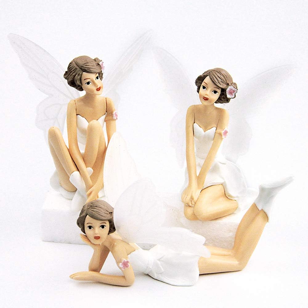 Crmresin Flower White Wings Cute Angel Girl Cake Topper, 3 Pieces Figure Set