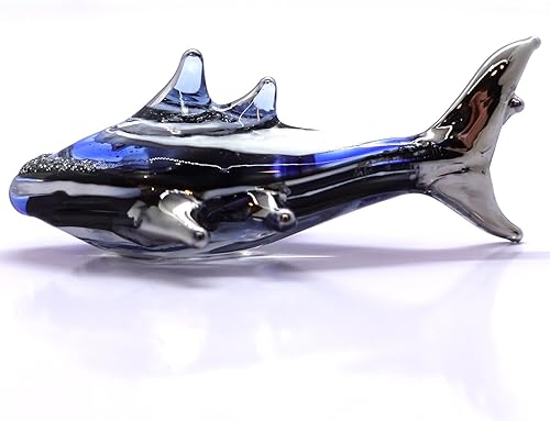Figuras miniatura de ballena y tiburón, animales marinos, arte de vidrio soplado a mano, regalo coleccionable para decorar (azul blanco y plateado)