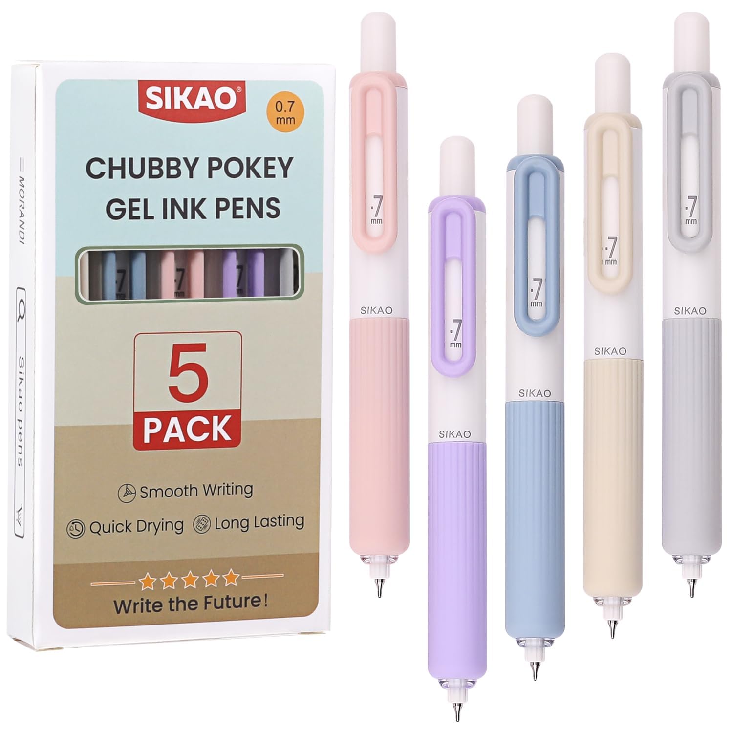 Sikao Gel Pens, 5 Pack Morandi Chubby Cute Pens, 0.7mm Fine Point Black Ink, Smooth Writing Retractable Pens for School & Office, Teachers, Nurses & Women, Minimalist Aesthetic Stationery
