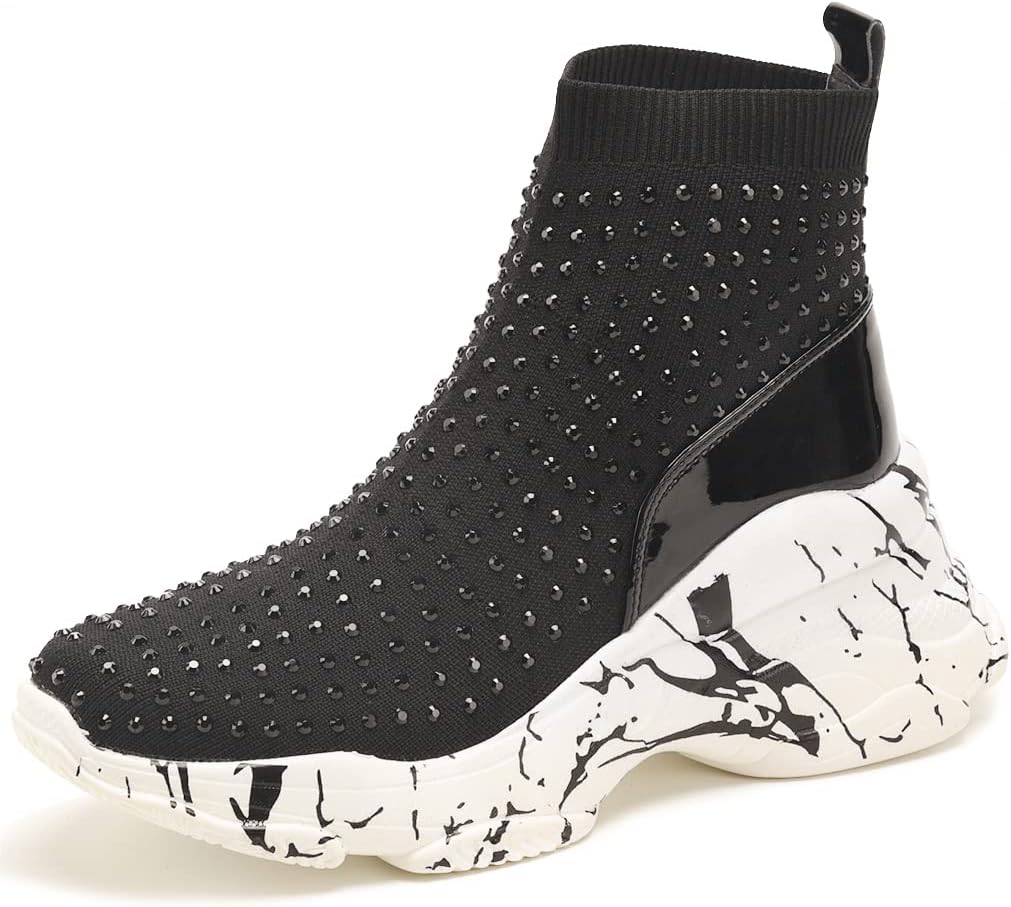 WSKEISP Women's Platform Boots Wedge Sneakers Studded Rhinestone Ankle Boots Chunky Fashion High Top Stretch Sock Booties, Black Stud, 8
