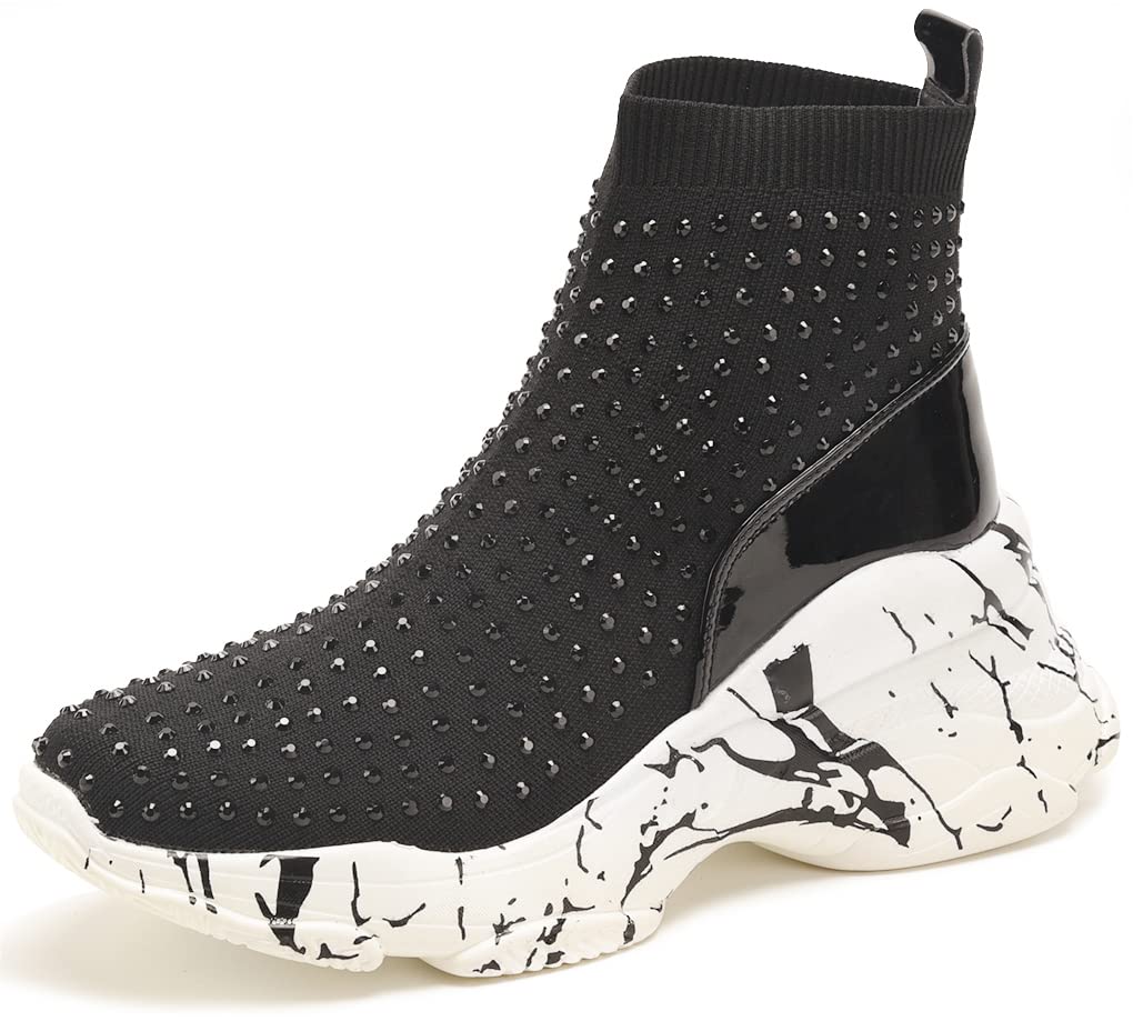 WSKEISP Women's Platform Boots Wedge Sneakers Studded Rhinestone Ankle Boots Chunky Fashion High Top Stretch Sock Booties, Black Stud, 8