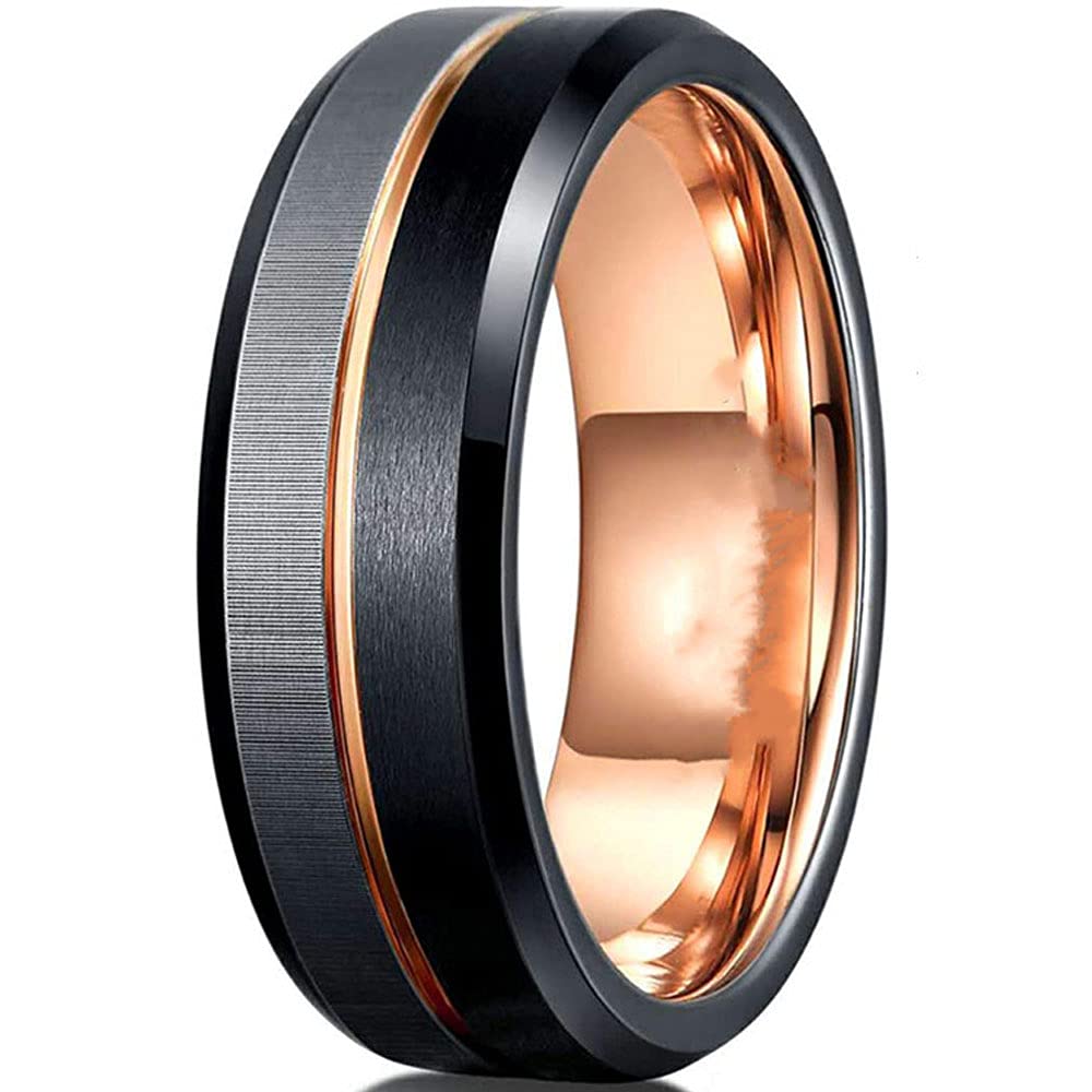 AONEW8mm Stainless Steel Ring for Men 3 Tone Wedding Band Rose Gold Groove and Inner Circle Black Silver Matte Brushed Finish Comfort Fit Size 6-13