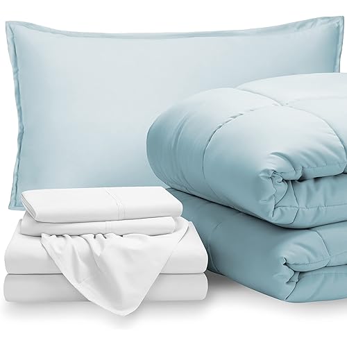 Bare Home Bedding Set 5 Piece Comforter & Sheet Set - Twin - Goose Down Alternative - Ultra-Soft 1800 Premium Bed Set (Twin, Light Blue/White)
