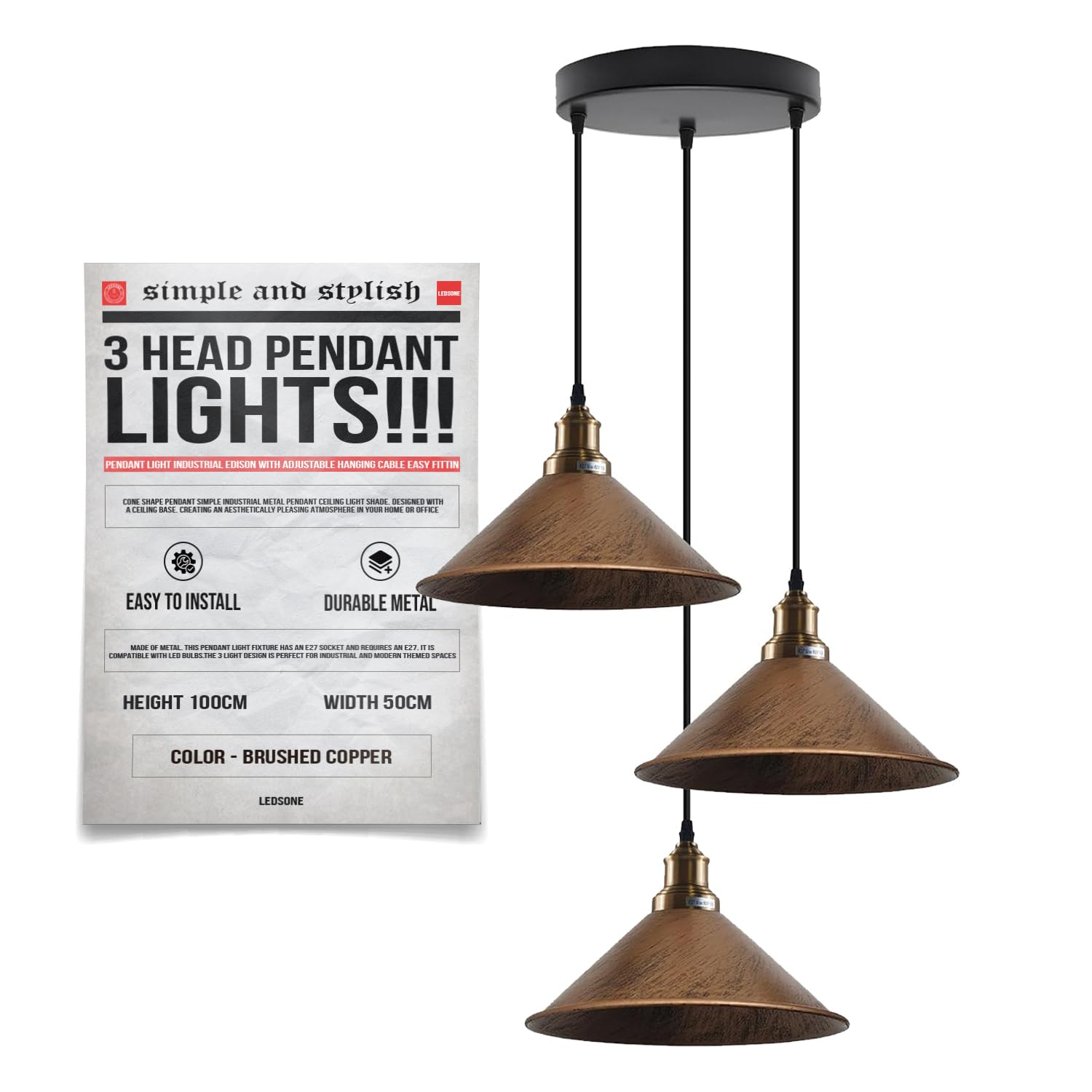 LEDSone Metal 3 Way Retro Ceiling 20 cm Cone Shape Brushed Copper 3 Head Lamp Shade Pendant Light Industrial Edison with Adjustable Hanging Cable Easy Fitting.