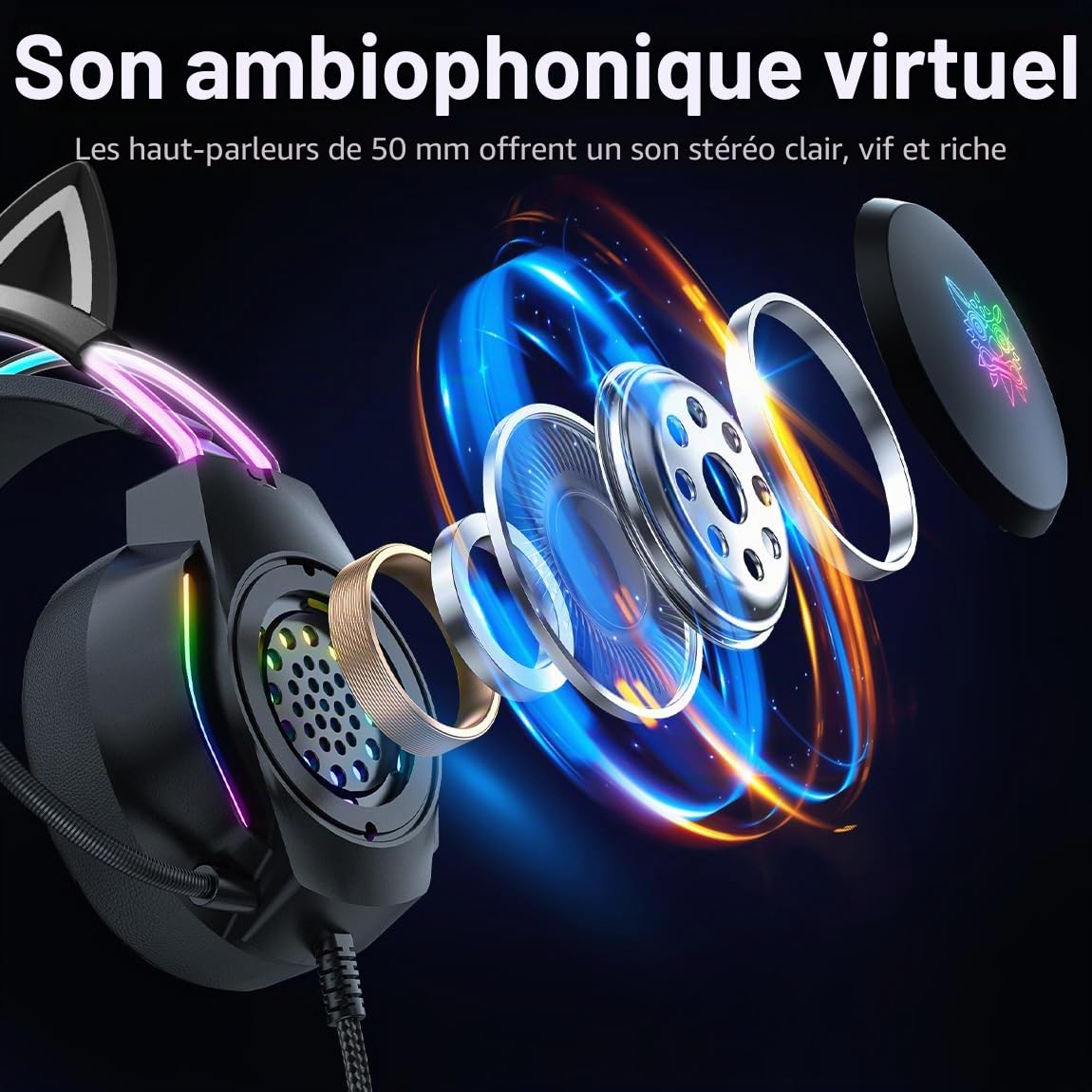 Casque de Jeu avec Oreilles de Chat, rétroéclairage RVB pour PC/PS4/PS5/XBOX/Switch avec Micro antibruit - Son Surround virtuel 7.1, Design léger et Bandeau à réglage Automatique, Noir