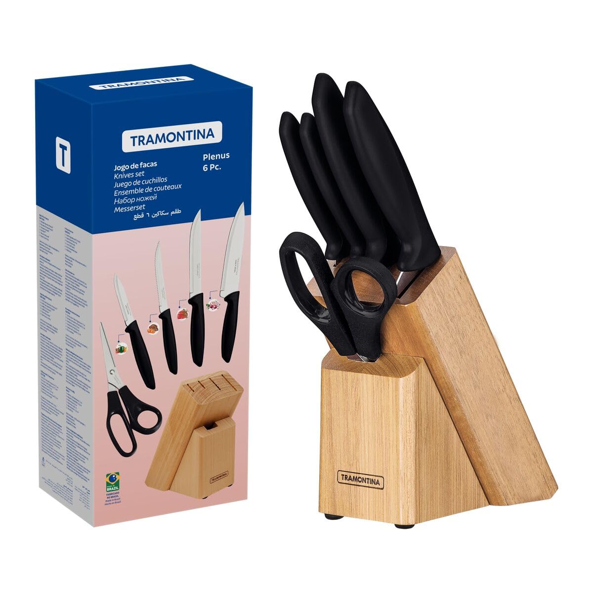 Tramontina Knives Set 6 Pcs Stainless Steel blades with ergonomic polypropylene handles & Block, dishwasher Safe.