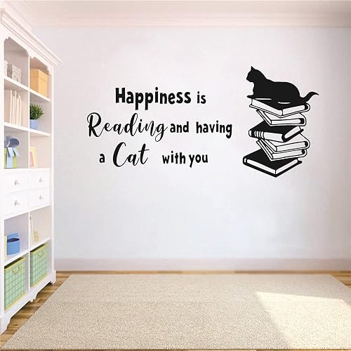 Miniatura 2 de UILMNIY Adhesivo de vinilo para pared, diseño de libros de lectura DIY, sala de estudio, cita artística, la felicidad es leer y tener un gato