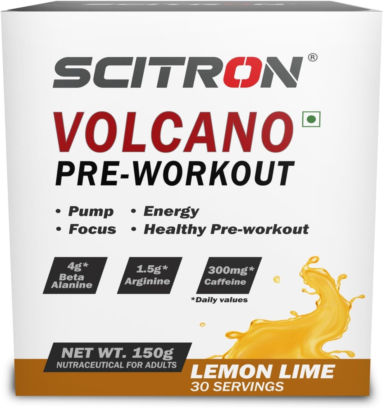 Scitron Volcano Pre Workout 150g - (30 Servings | 4g Beta Alanine | 1.5g Arginine | 300mg Caffeine | 0g Sugar | Boost Energy & Focus| Healthy Pre-workout) (Lemon Lime)