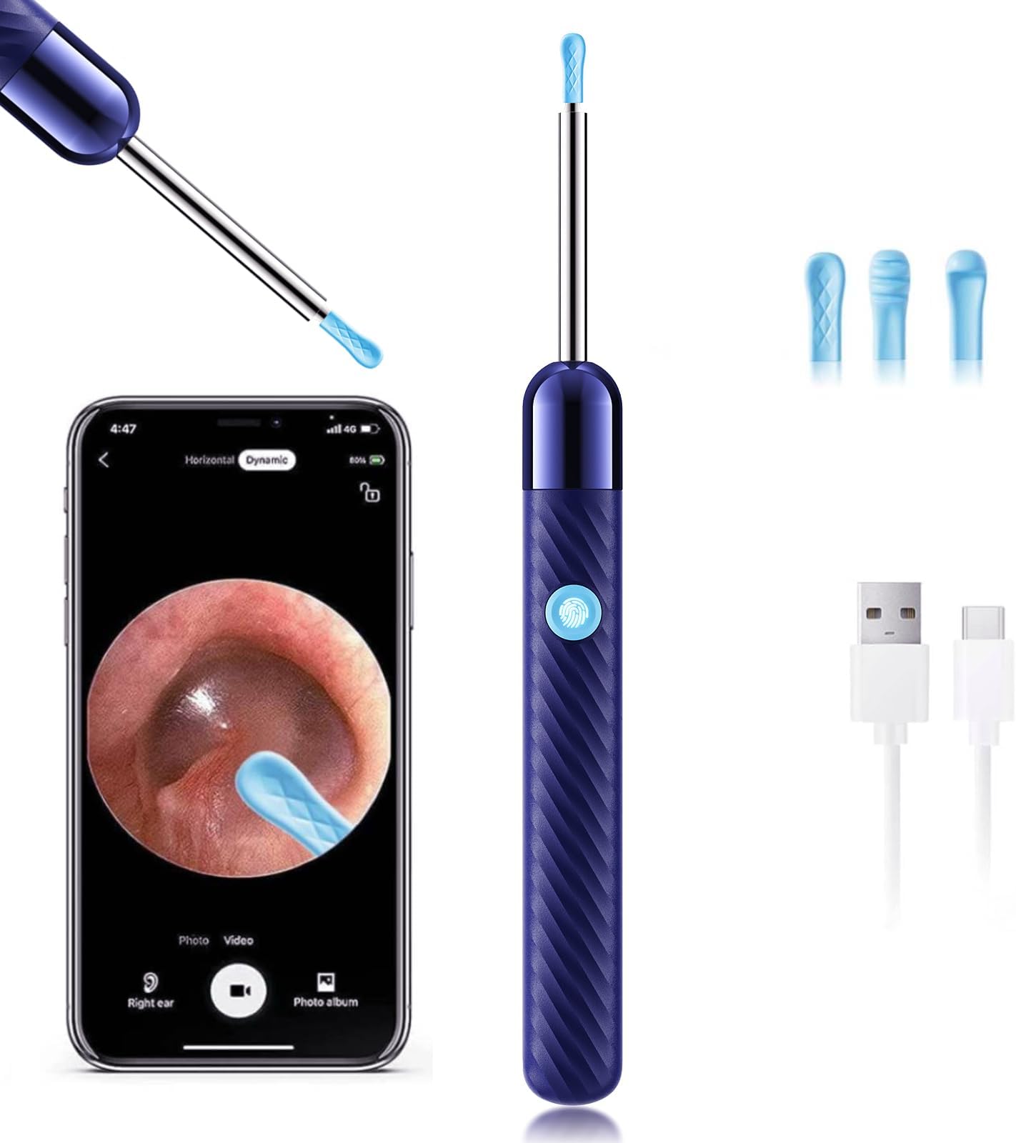 LEIPUT Ear Wax Removal - Earwax Remover Tool - Ear Canal Cleaner with 1080P Camera - Ear Cleaning Kit with 4 Ear Spoon - Ear Camera for iOS & Android (Navy Blue)