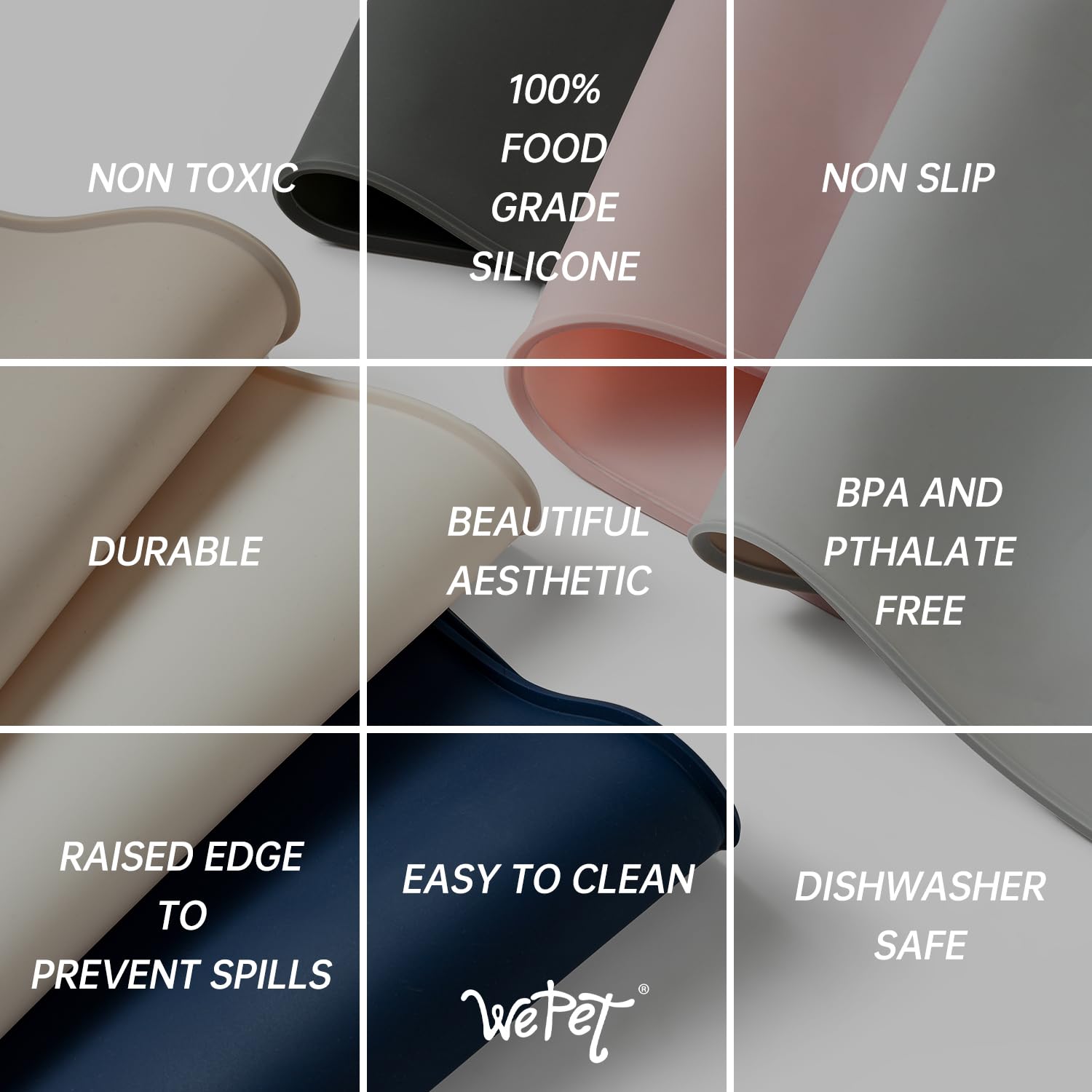 WePet Tapis d'alimentation pour chien, antidérapant, imperméable, en silicone, passe au lave-vaisselle, empêche les déversements de nourriture et les dégâts dans les gamelles d'eau, pour chiens, chats