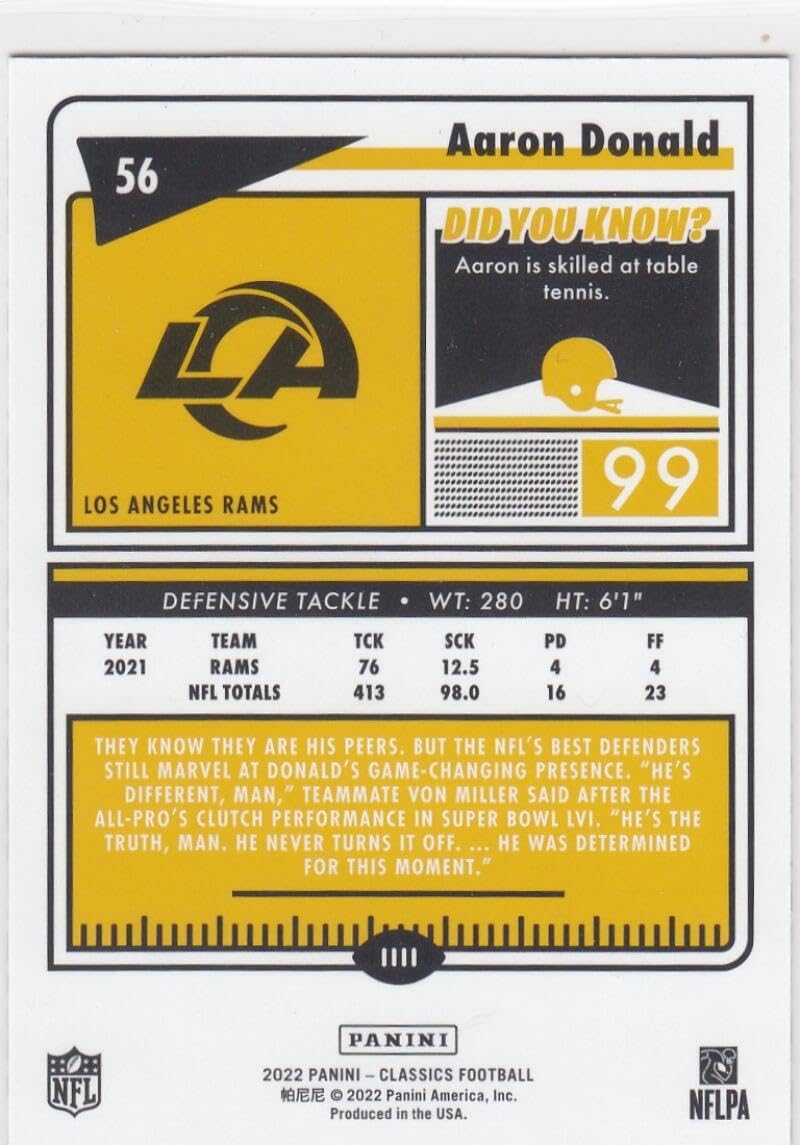Football Trading Card NFL 2022 Panini Classics Premium Edition Stars #56 Aaron Donald NM Near Mint 3/10 Rams