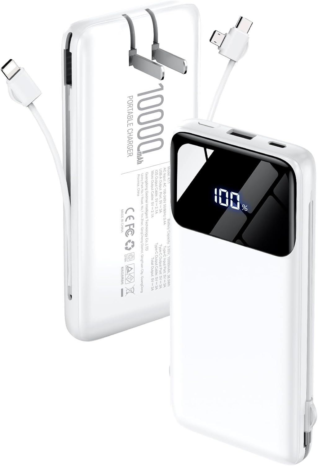 Portable Charger Power Bank 10000mAh Slim USB-C Battery Pack 15W Fast Charging Compatible with iPhone and Samsung White