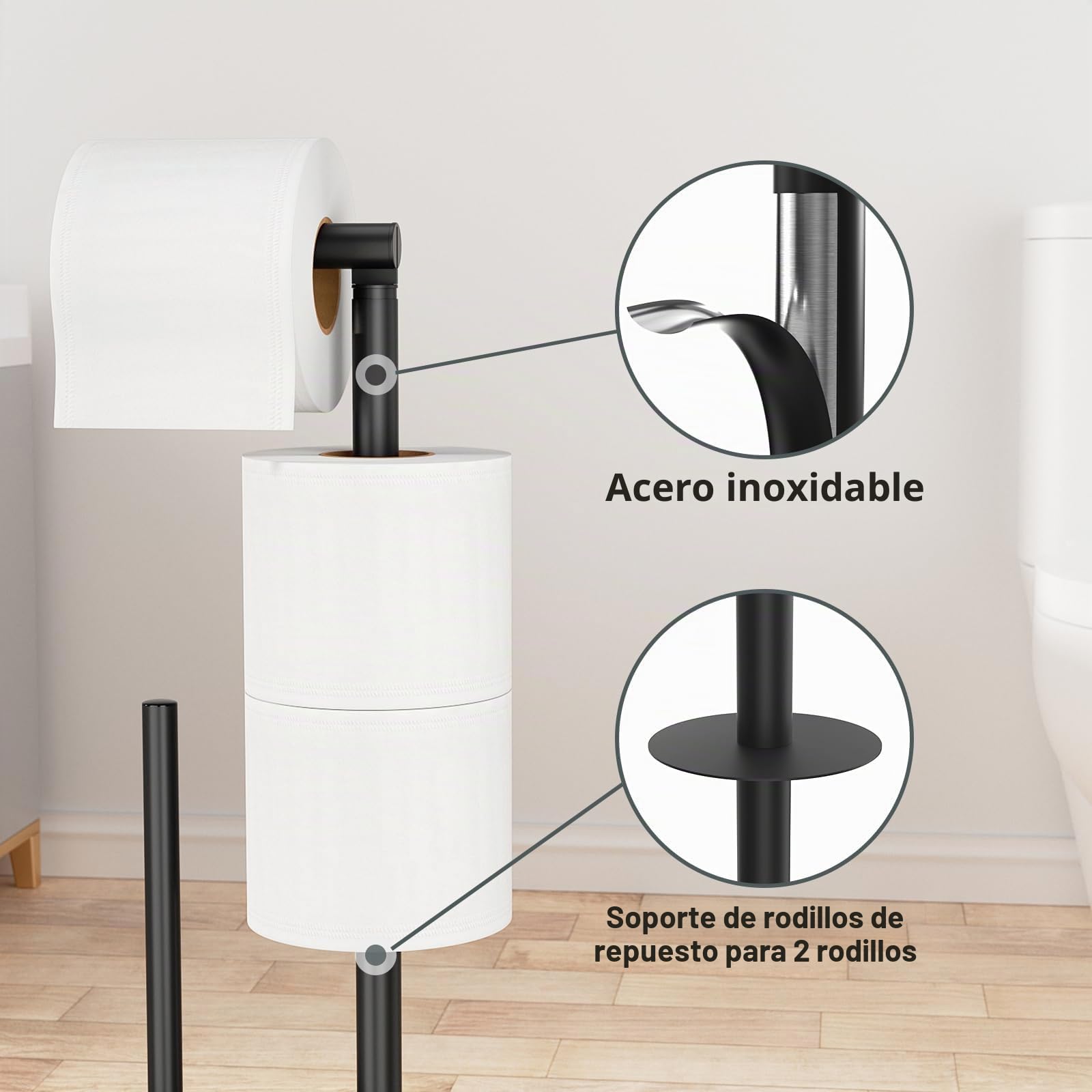 susswiff Portarrollos de Papel Higiénico de Pie con Escobillero, Soporte de Acero Inoxidable, sin Necesidad de Taladrar (Negro Mate)