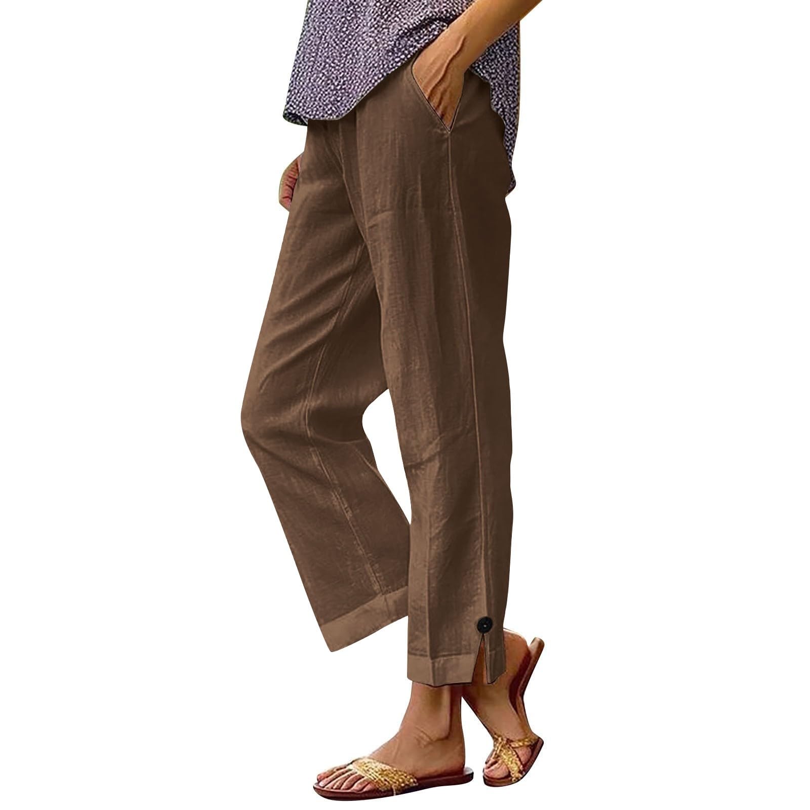 Linen Cropped Pants for Seniors Clothing Summer Fashion 2025 High Waisted Straight Leg Womens Trouses Crop