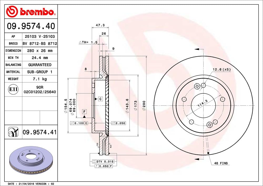 Brembo 09.9574.41 - Disco Freno con Verniciatura UV (Set di 2) - Anteriore