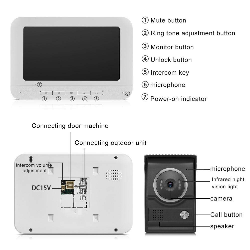 Sistema de Videoportero, IR a Prueba de Agua de 7 Pulgadas, Pantalla TFT-LCD, Timbre de Video Puerta Sistema de Teléfono Compatible con Intercomunicador Bidireccional, Monitoreo, Desbloqueo(YO)