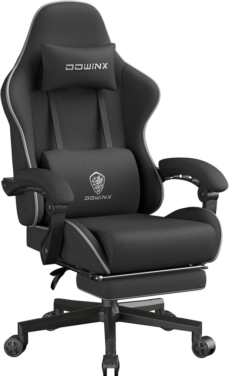 Dowinx Gaming Chair Fabric Big and Tall with Pocket Spring Cushion, Massage Game Chair Cloth with Headrest, Ergonomic Computer Chair with Footrest 350LBS, Black