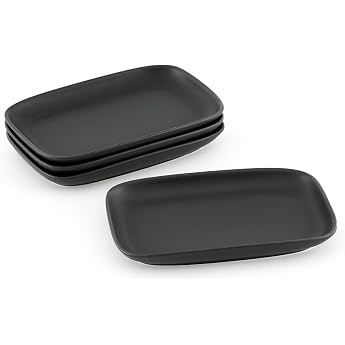 Hansek che Stoneware Serving Plates Set of 4 15 x 9.7 x 1.7 cm - Appetizer Plate Rectangular Black Matt - Mezze & Snack Plate Square - Oriental Dishwasher Safe Durable