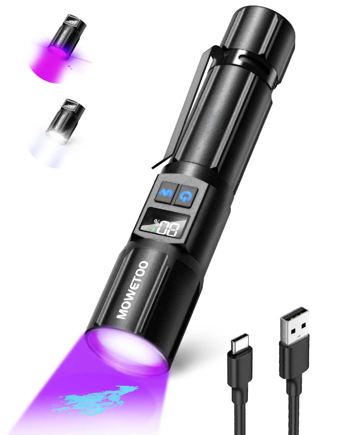 MOWETOO Taschenlampe Aufladbar - LED UV Lampe Schwarzlicht 2 In 1, 395nm Zoombare UV Licht Torch mit 5 Modi und LCD-Display für Urinuntersuchung von Haustieren, Geldscheinkontrolle, Outdoor