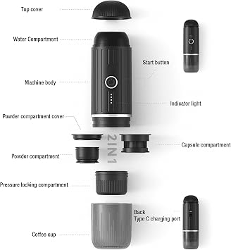 Zunate Portable Espresso Coffee Machine, 19BAR Pressure Electric Heating Travel Coffee Maker for Camping Hiking Office Use