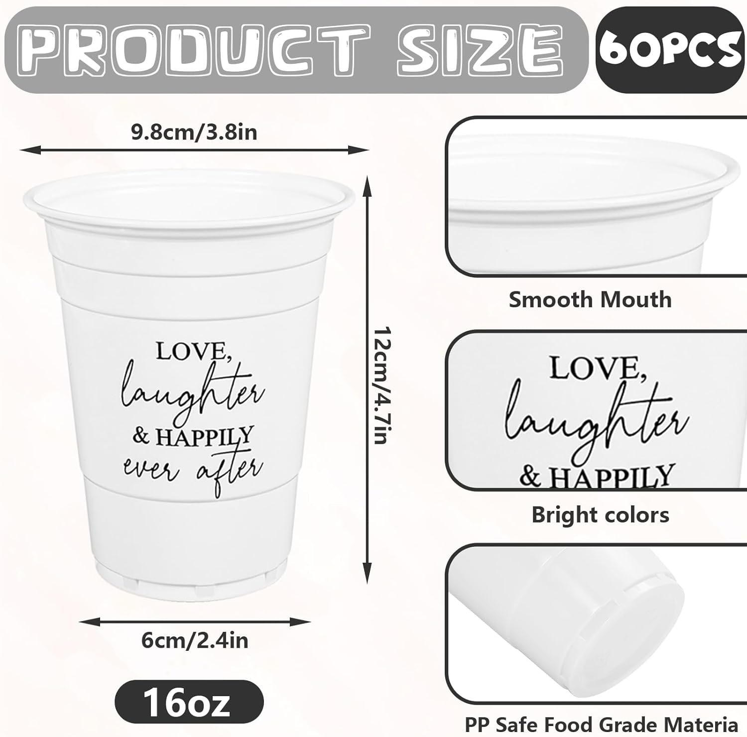 60Pcs Wedding Plastic Cups Disposable Cup Black White Love Laughter & Happily Ever After Drinking Cups for Bride Shower Wedding Party Supplies, 16oz - Image 2