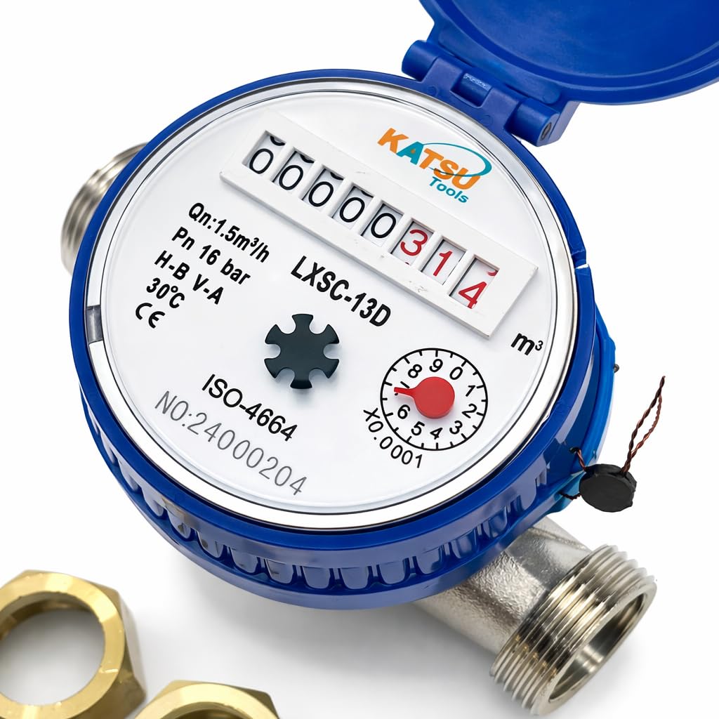 KATSU Compteur d'Eau Froide 13 mm Plastique ABS avec Raccords en Laiton Compteur à Sec