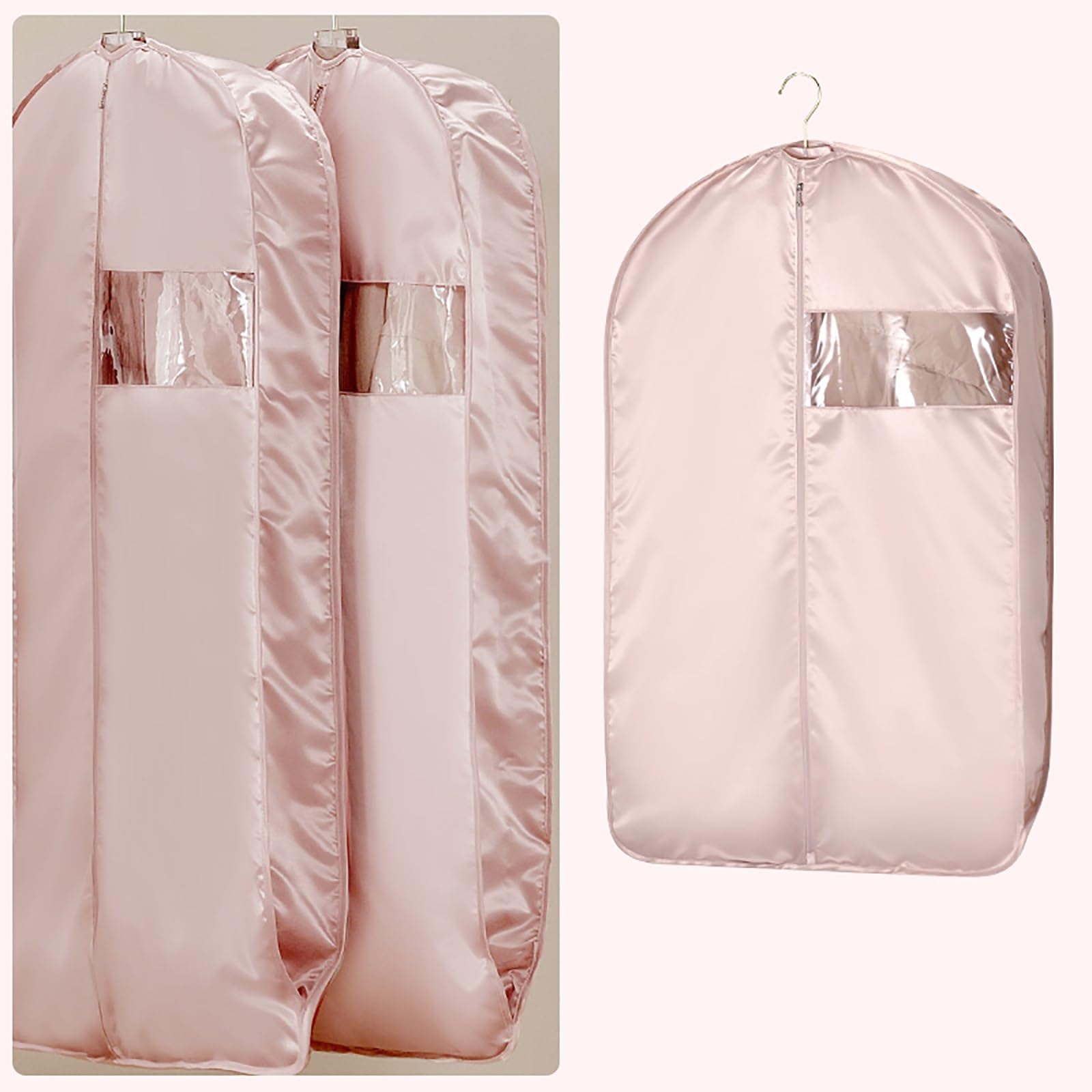 Garment bag, 160gsm Satin Garment Bag, 3.5in Thick Cover, Suit Protection with Transparent Window(Pink,58 * 110cm/23 * 43in)