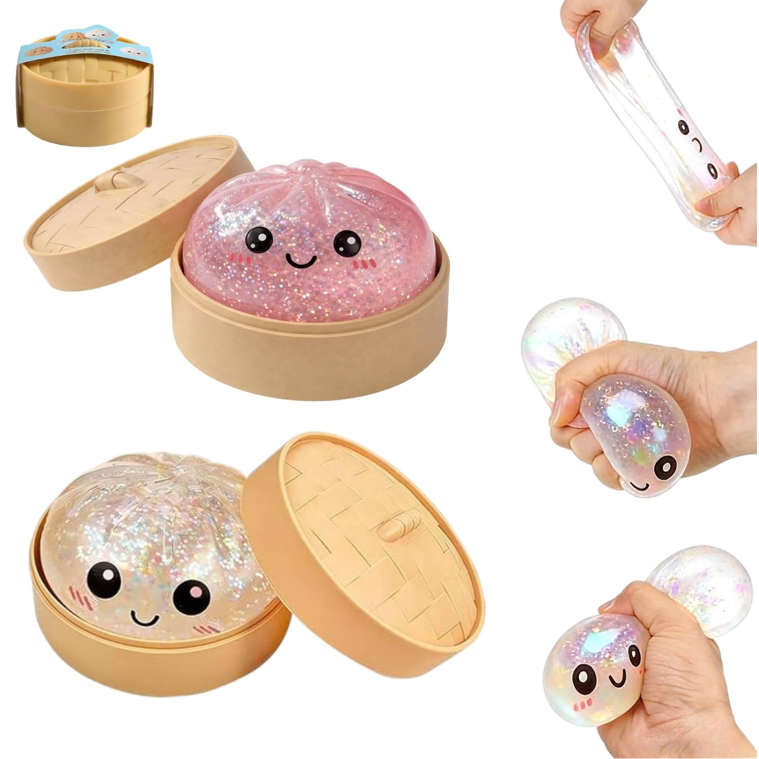 Spiritzohic 2 Pcs Giant Dumpling Squishy, Giant Dumpling Squishy Toy, Toy Dumplings with Steamer Box, Soft Squeeze Dough Hand Fidget Toys, Funny Slow-Rise Stress Toys, Pink/Colorful