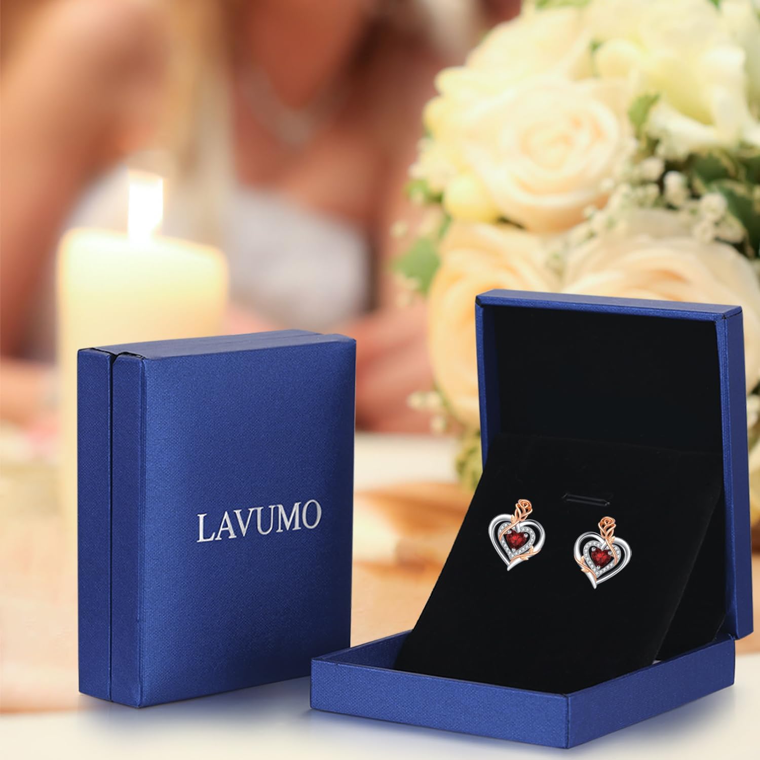 LAVUMO Ohrringe Silber Stecker Damen Rose Herz Geburtsstein Schmuck