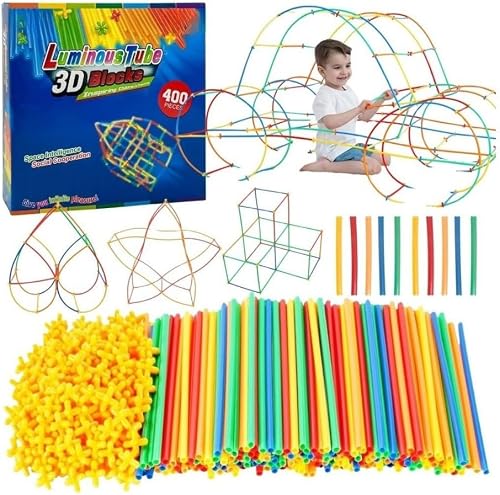 3D Blocks Building Set, 400 Pieces, Colourful Straw Construction Toy for Kids