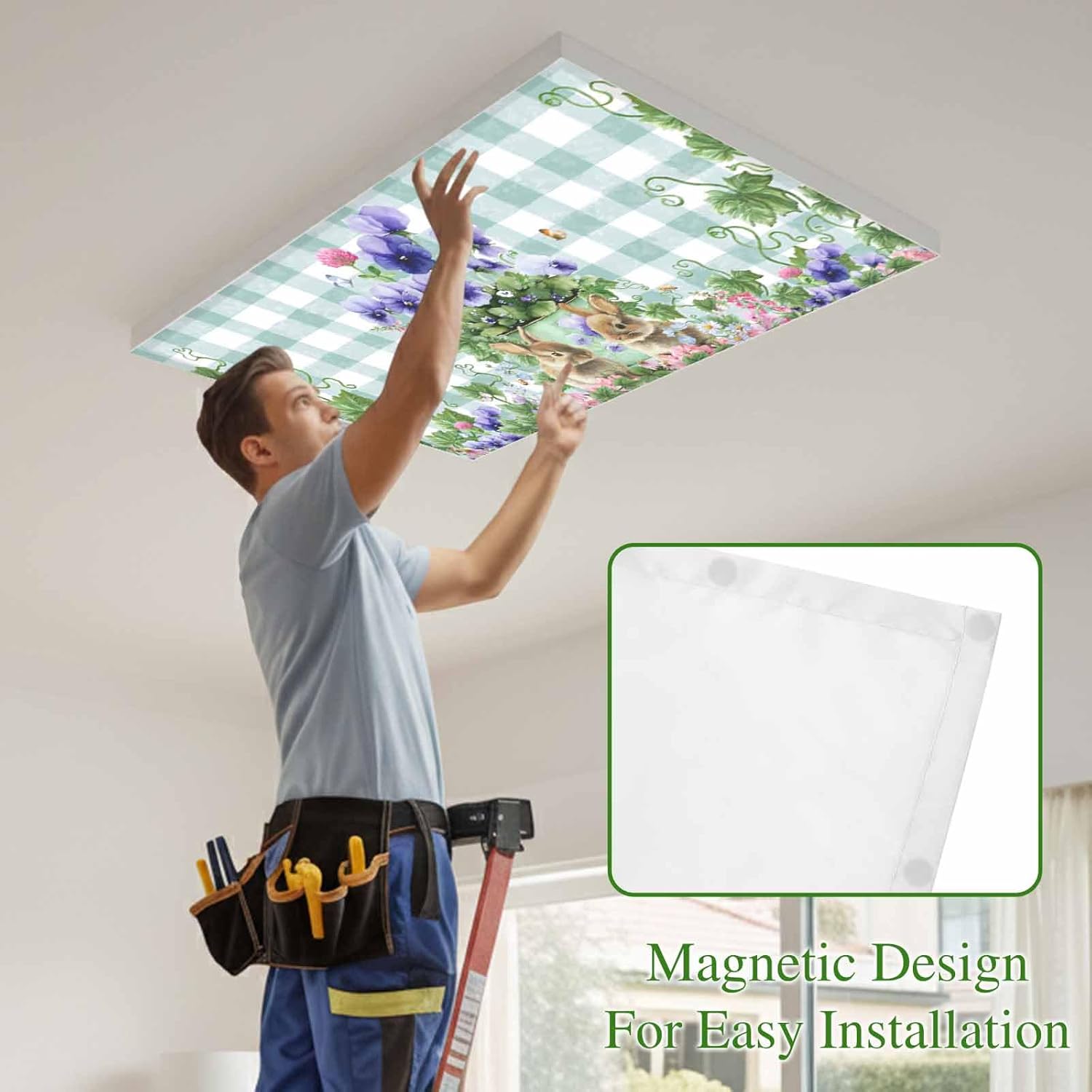 2x4 ft Fluorescent Light Cover for Ceiling Spring Easter Bunnies Magnetic Light Filters, Country Flowers Blue Plaid Ceiling Lampshades for Home School Office 4Pcs