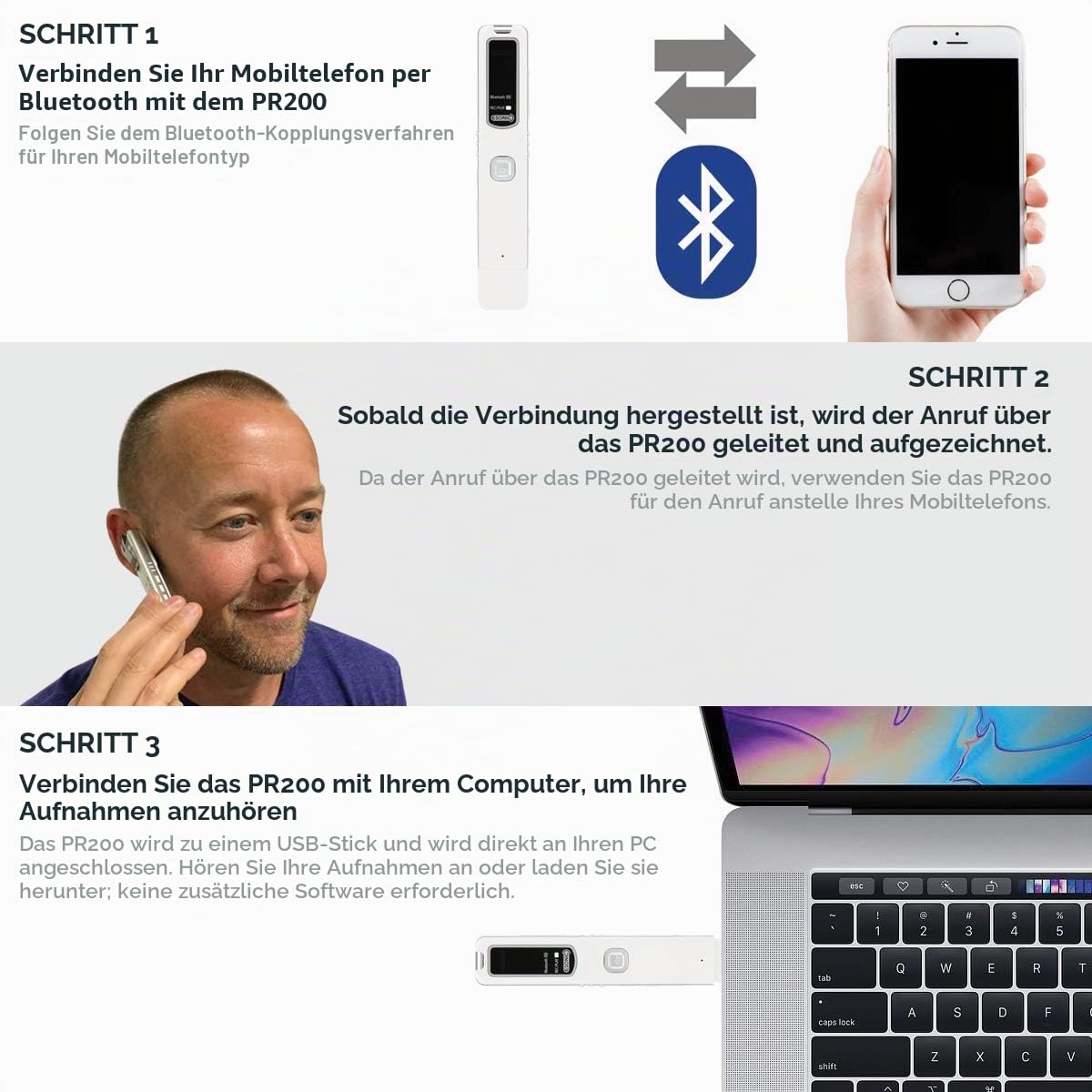 Bluetooth Handy-Aufzeichnungsgerät PR200, Mobile-Recorder für iPhone und Android, zum Aufnehmen von Gesprächen, Meetings, Memos