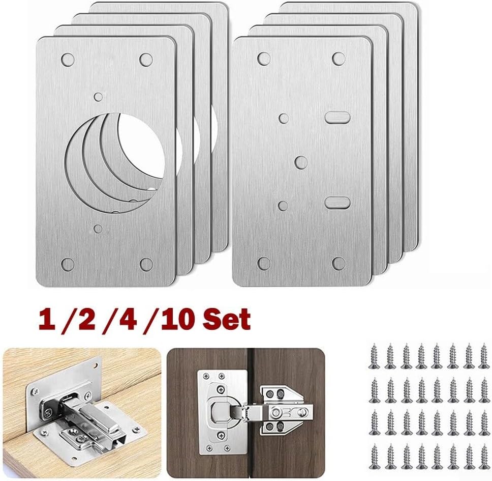 Stainless Steel Cabinet Hinge RePairssss Plate, Kitchen Cupboard Door Fixing Bracket for Broken Hinge Mending, Drawer Screw Hole Cover Reinforcement Kit(10 Pair)