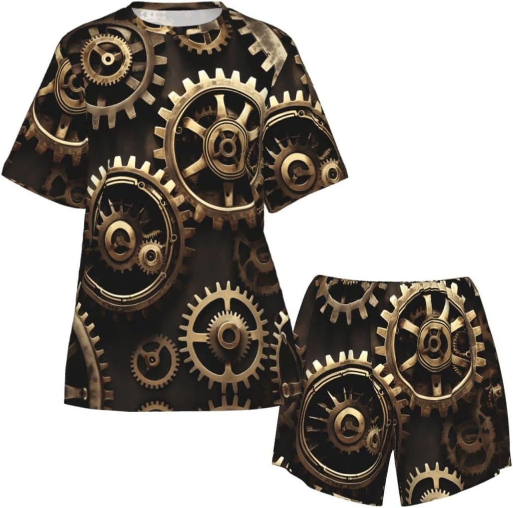 Cool Steampunk Gears Print Cute Short Sleeve Pajama Set For Women Casual Loungewear With Pockets Four Seasons S-3xl