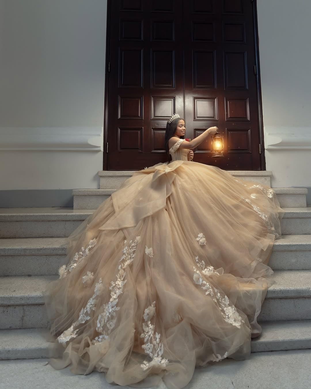 XYAYE Off Shoulder Beaded Quinceanera Dresses with Bow Puffy Tulle Lace Sweet 16 Dresses Layered Applique Long Ball Gown