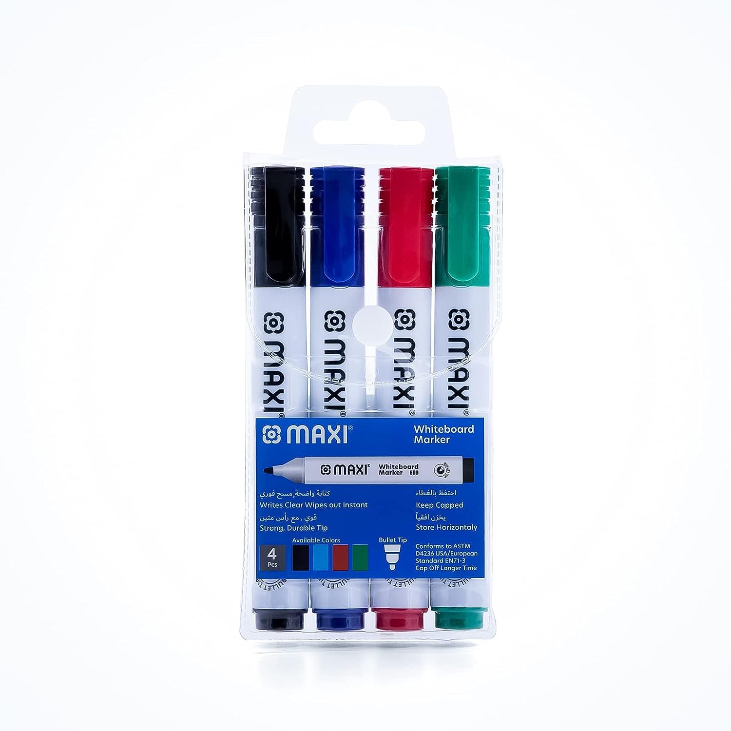Maxi whiteboard marker bullettip wallet of4pcs,assorted colours blue,black,red,green, dry erase writes clear wipes out instant, 600-4