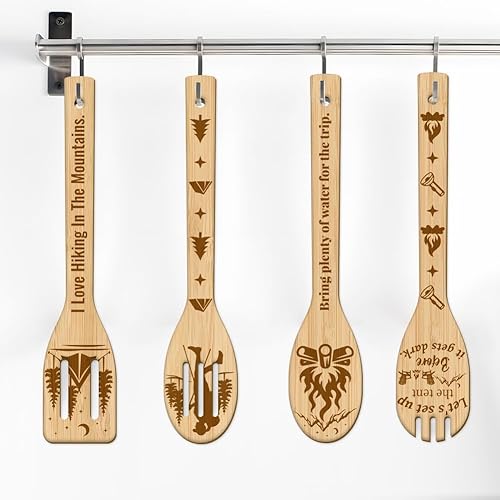 Miniatura 5 de GLOBLELAND Juego de 6 cucharas de cocina de bambú para acampar, juego de cucharas de cocina grabadas de madera, juego de espátulas de bambú para