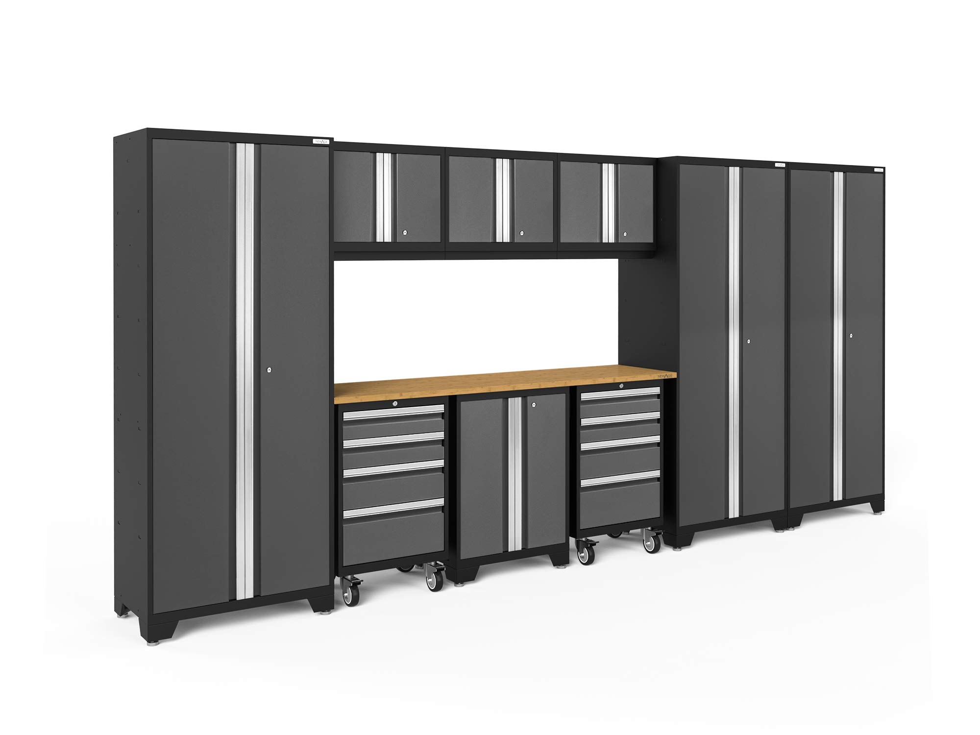 NewAge Products Gray Bold Series 10PC Garage Cabinetry Set · 24-Gauge Steel · Fully Welded · 162" W x 18" D x 76.75" H, 50412
