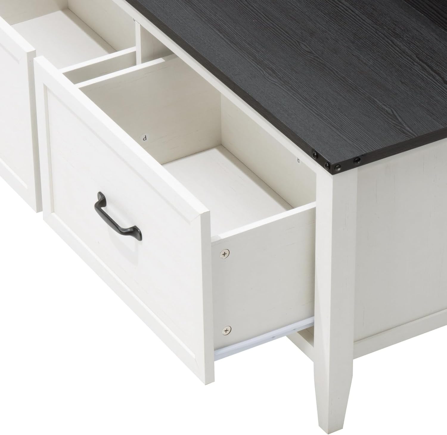 Crestlive Products Farmhouse Coffee Table, 43'' Hinged Lift Top Wood Center Table, Rustic Coffee Table with Large Hidden Storage & 2-Drawers for Living Room, White Frame & Black Top