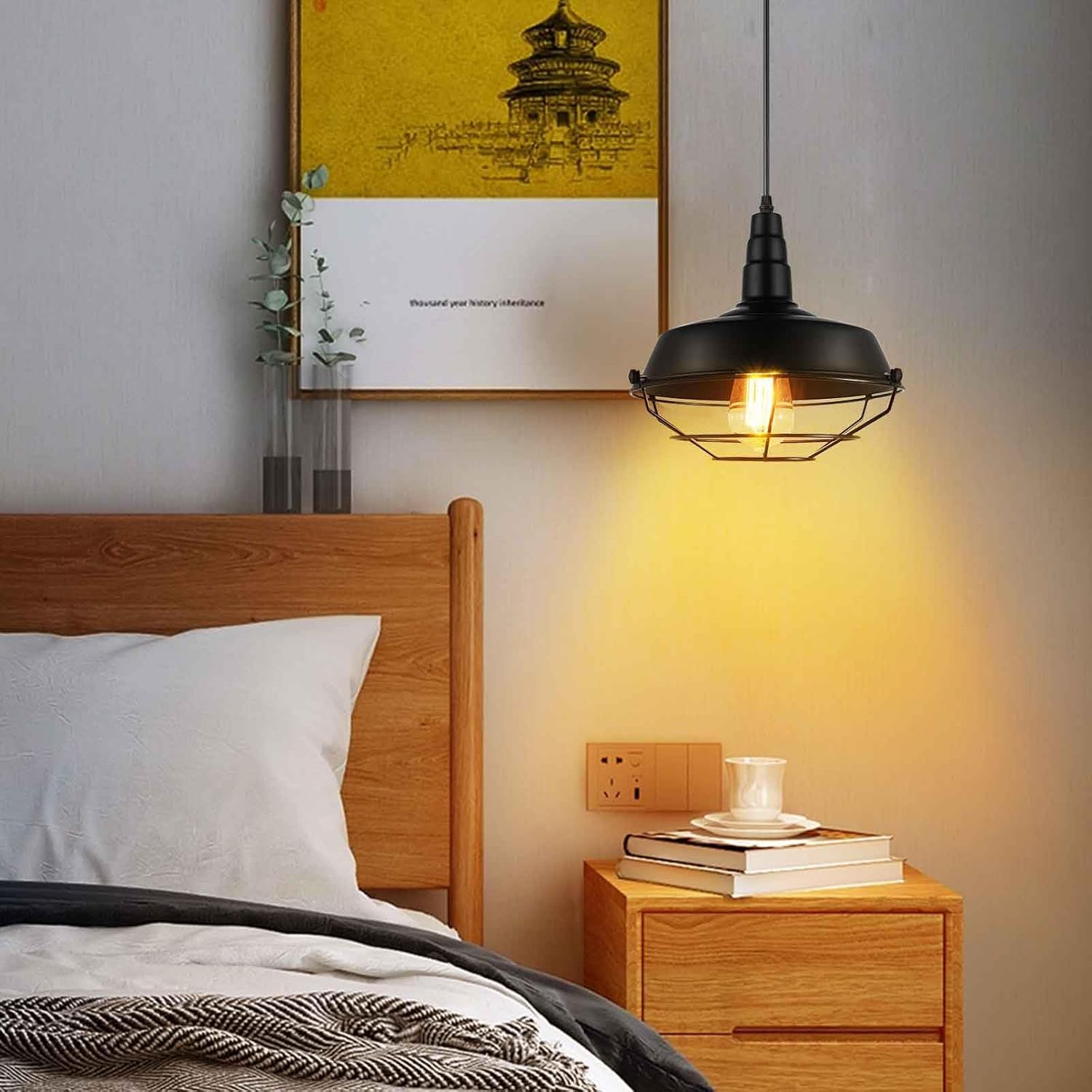 EE Eleven Master Chandeliers Pendant Light with Plug in 15Ft Braided Cord and Hanging Lamp Vintage Swag Lighting for Kitchen Island(BLACK-10.23")