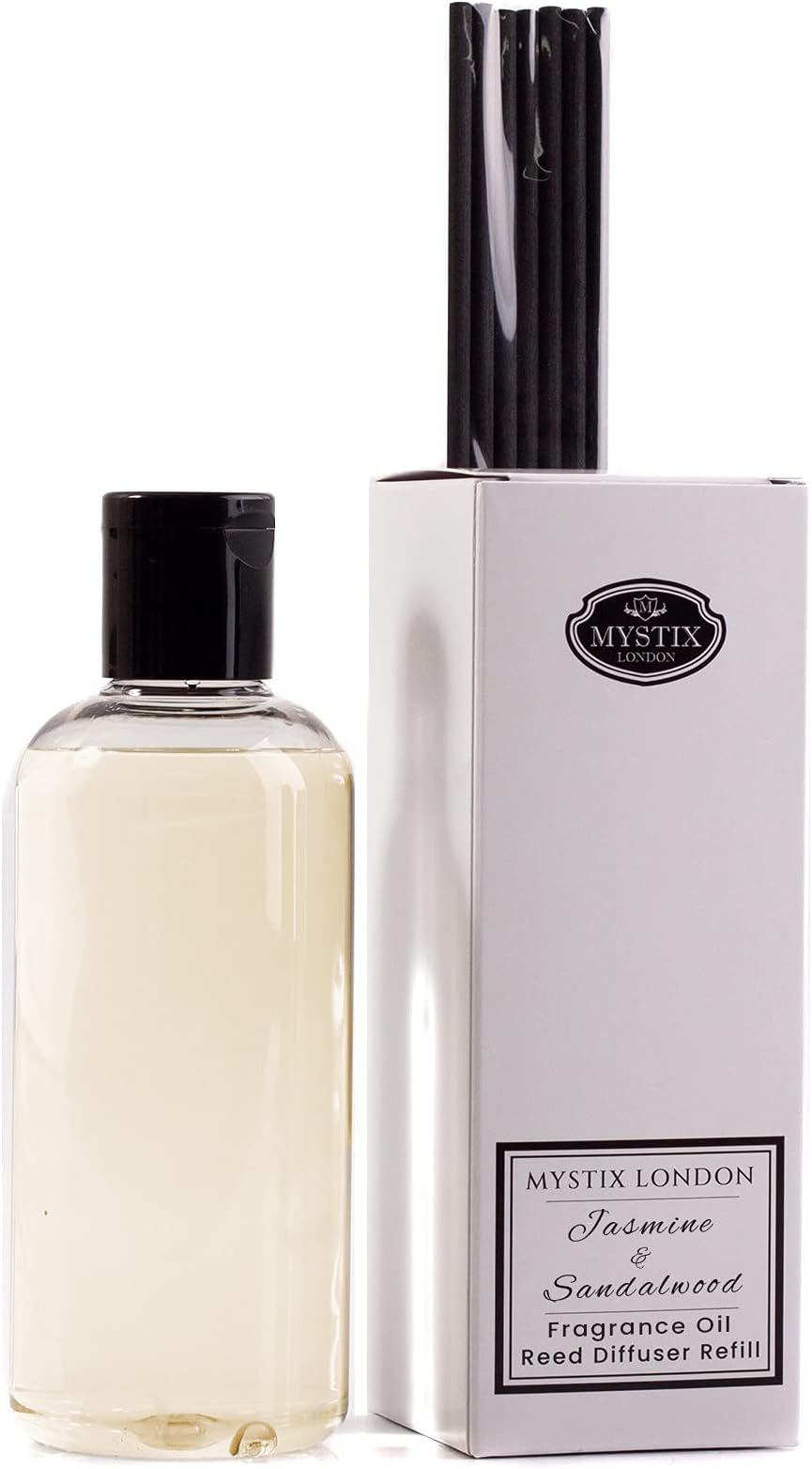 MystixLondon | Jasmine & Sandalwood | Fragrance Oil Reed Diffuser Refill | 250ml | Best Aroma for Home, Kitchen, Living Room and Bathroom | Perfect as a Gift