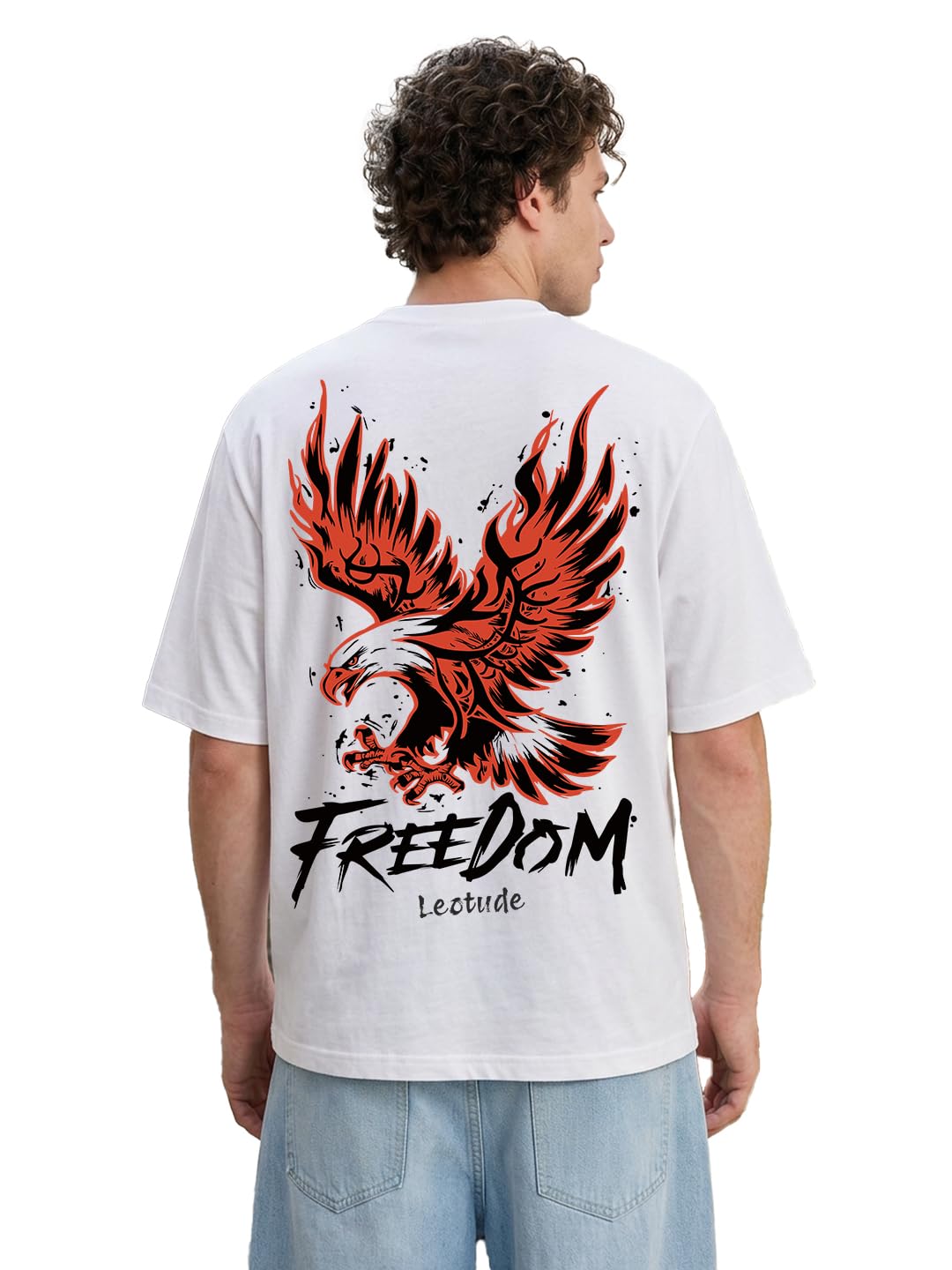 leotude Men's Premium 100% Cotton Oversized T-Shirt | Graphic Eagle Back Print | Baggy Fit Round Neck Half Sleeve Casual T-Shirt for Men's (Color : White)-picture-25