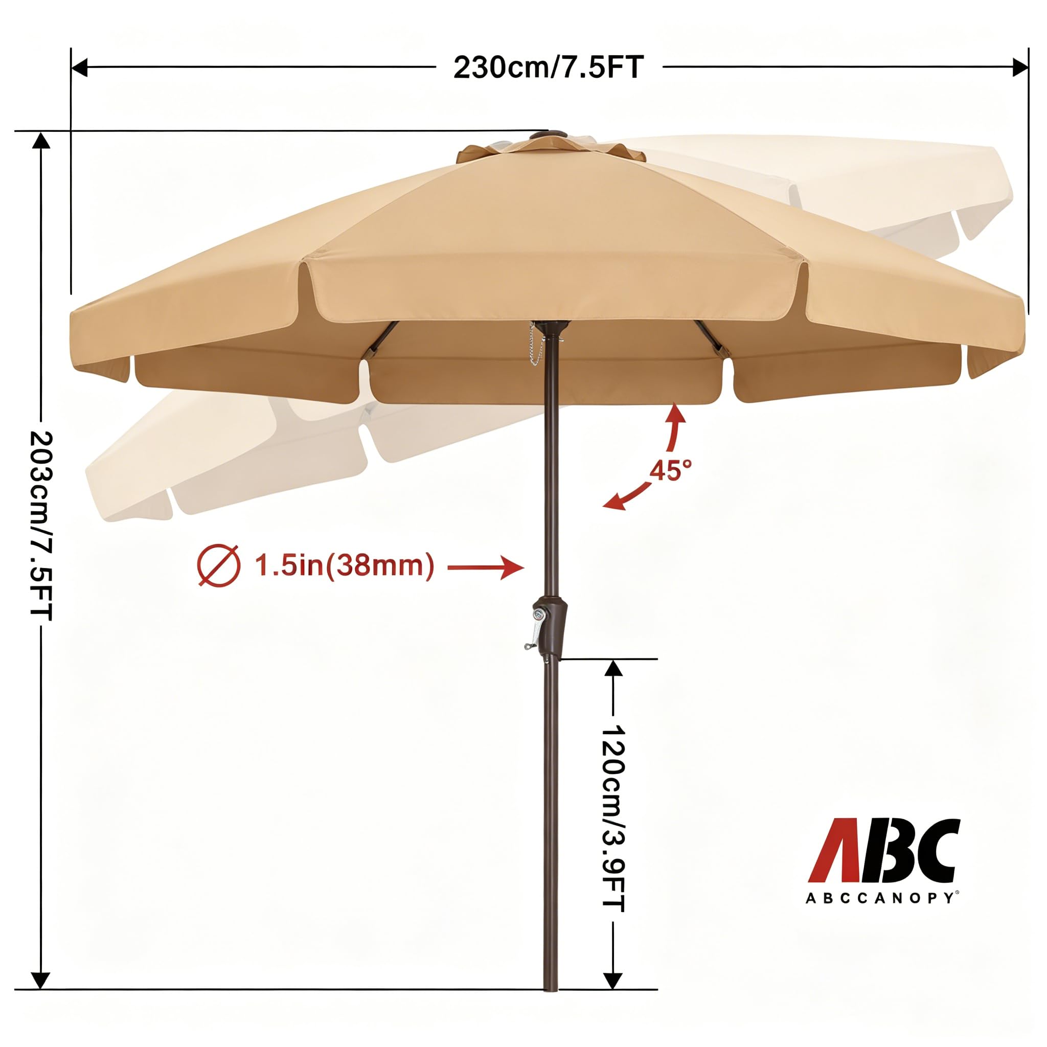 ABCCANOPY Parasol de table inclinable avec bouton poussoir pour jardin, terrasse, cour et piscine, 8 baleines, 13 couleurs