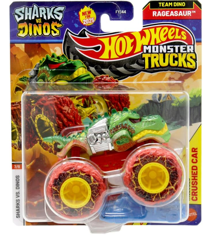 Hot Wheels Monster Trucks Team Dino Rageasaur, Sharks Vs. Dinos 7/8 [Includes Crushed Car] New for 2025! 1:64 Scale Diecast Toy Vehicle