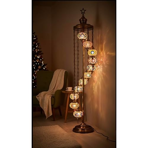 DEMMEX 11 Globe Turkish Moroccan Mosaic Floor Lamp, 7ft Tall - Tiffany Style Standing Decorative Boho Lamp with Colorful Globes for Bedroom, Living Room, Entryway – Handmade in Turkey, Multicolor