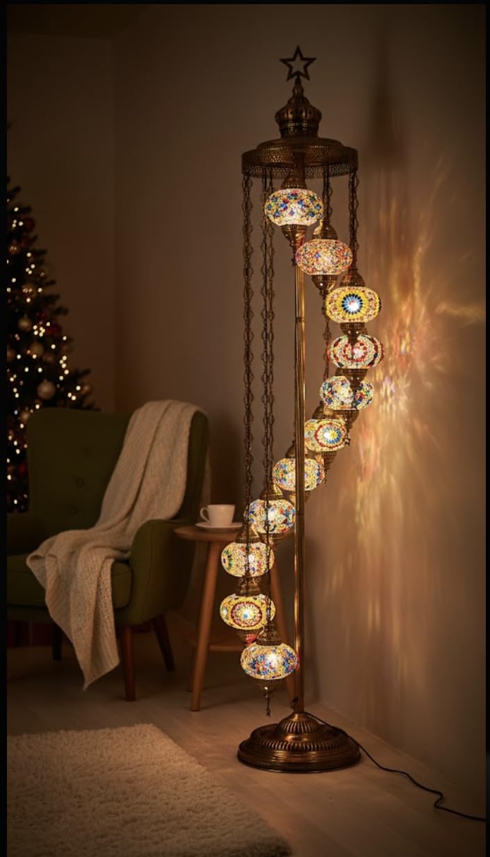 DEMMEX 11 Globe Turkish Moroccan Mosaic Floor Lamp, 7ft Tall - Tiffany Style Standing Decorative Boho Lamp with Colorful Globes for Bedroom, Living Room, Entryway – Handmade in Turkey, Multicolor