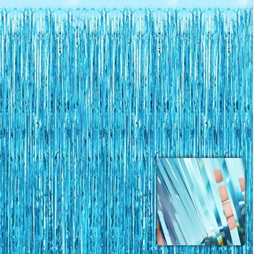 Image of 3 ft X 6 ft Metallic Sky Blue Foil Curtain for Birthday Decorations /Anniversary (2 pc Sky Blue Metallic Foil Fringe Curtain)