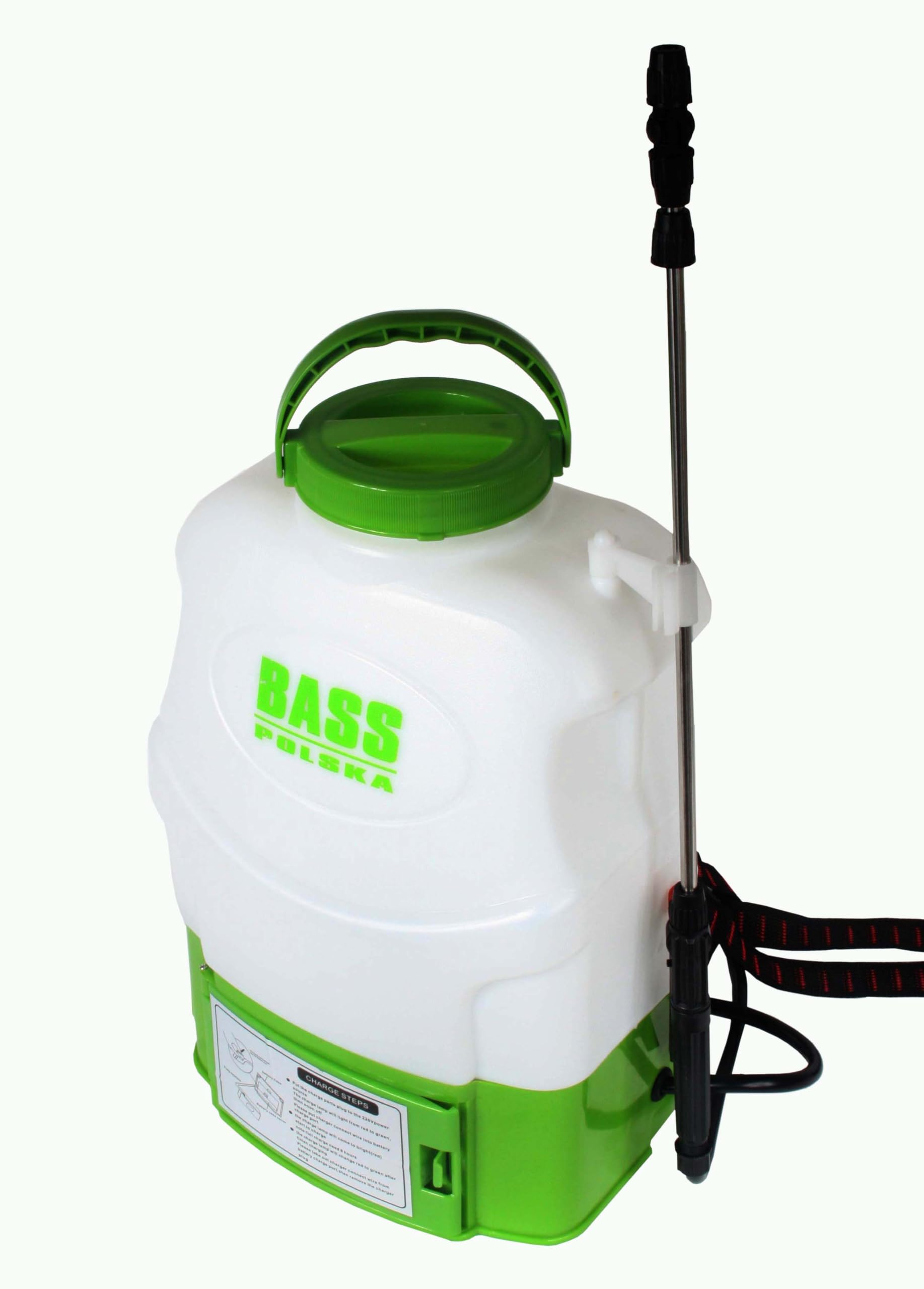 Bass Polska Spruzzatore posteriore a batteria, 16 l, elettrico da giardino con pompa a membrana da 12 V, lancia telescopica, ugello per erbicidi, caricabatterie, bianco-verde